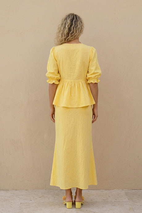 Puff Sleeve Tie-up Ruffle Cotton Shirt Skirt Set