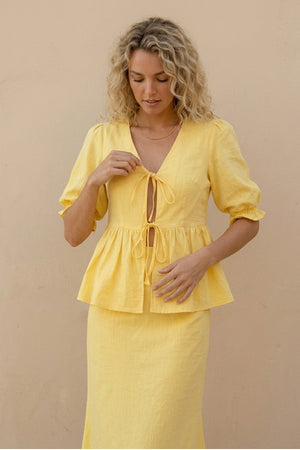 Puff Sleeve Tie-up Ruffle Cotton Shirt Skirt Set
