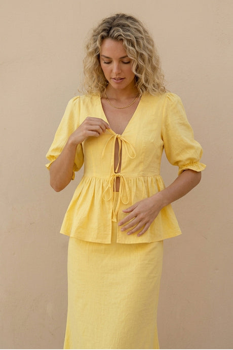 Puff Sleeve Tie-up Ruffle Cotton Shirt Skirt Set
