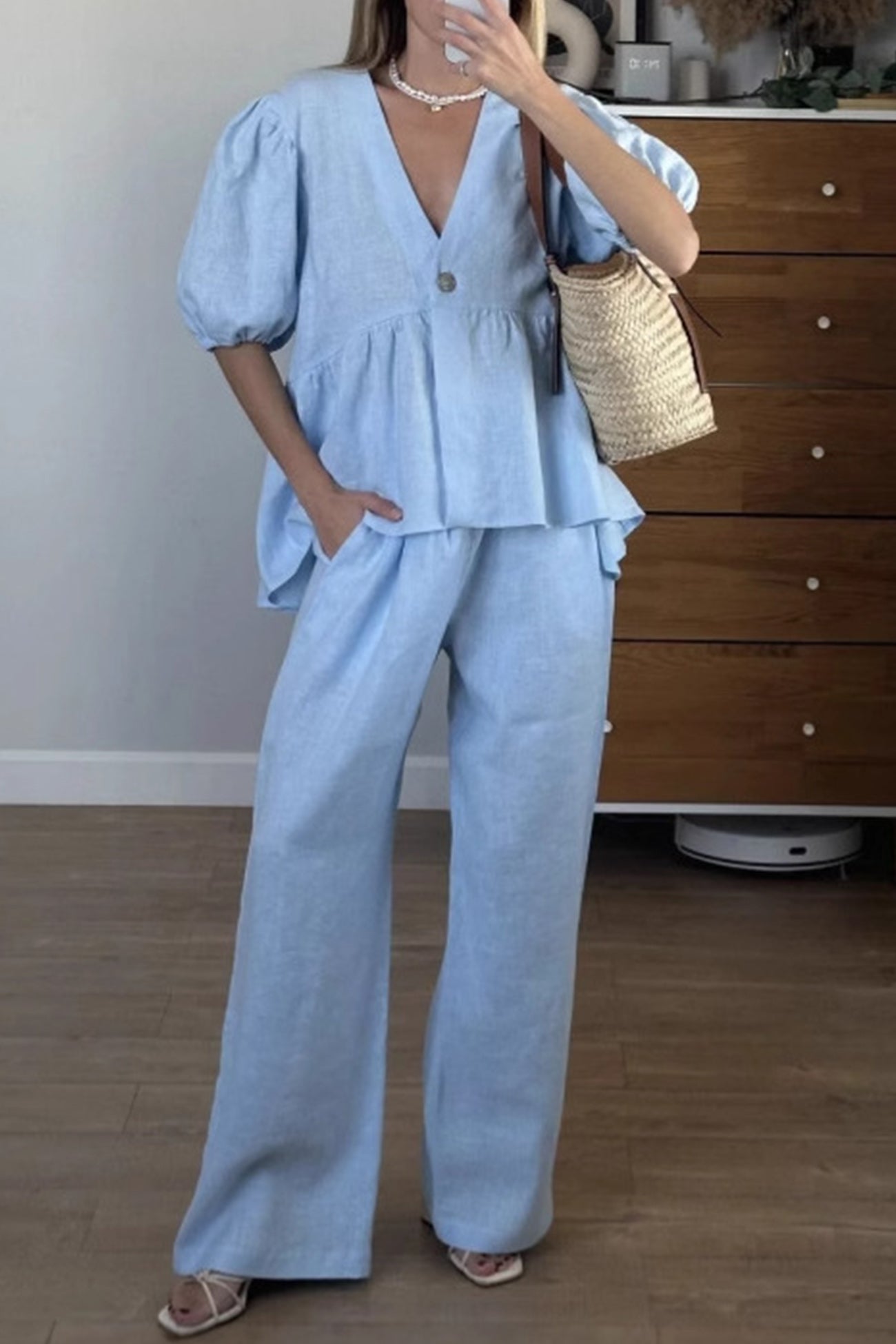 Arolora Puff Sleeve V Neck Cotton Sweet Shirt Set