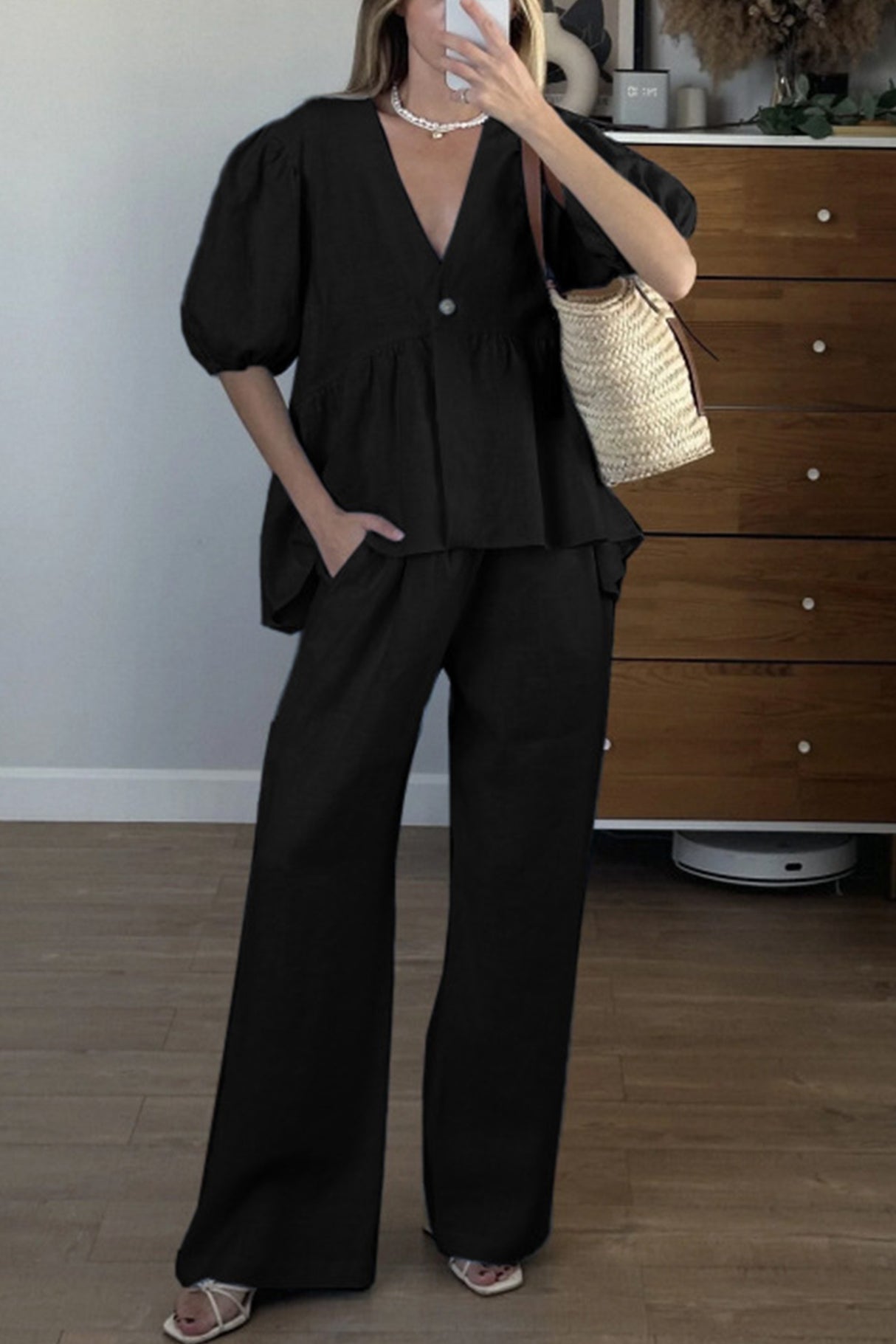 Arolora Puff Sleeve V Neck Cotton Sweet Shirt Set
