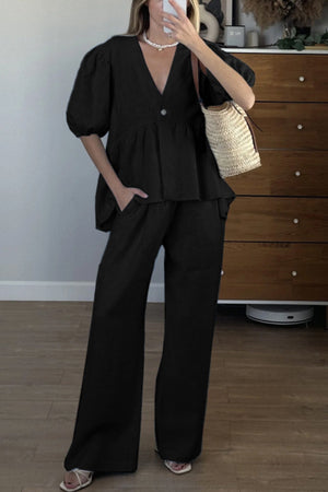 Arolora Puff Sleeve V Neck Cotton Sweet Shirt Set