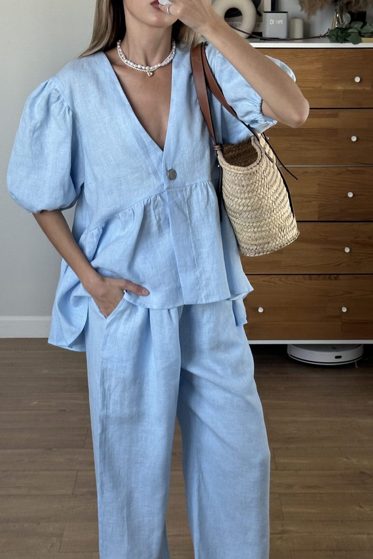 Arolora Puff Sleeve V Neck Cotton Sweet Shirt Set