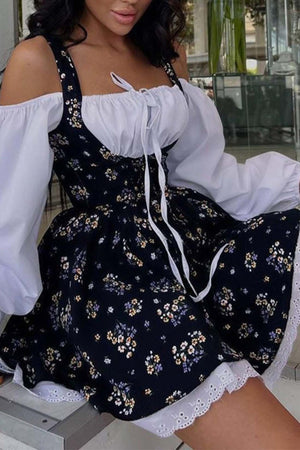 Puff Sleeve Floral Suspender Dress