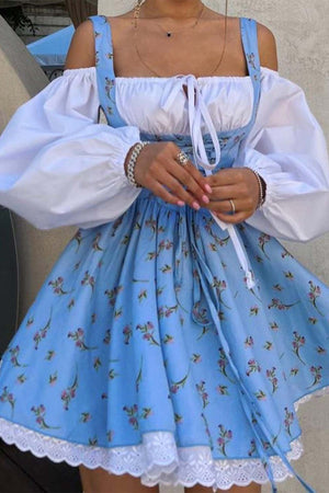 Puff Sleeve Floral Suspender Dress