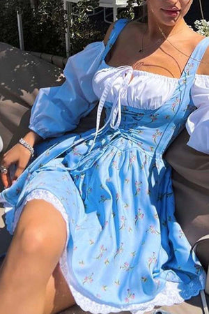 Puff Sleeve Floral Suspender Dress