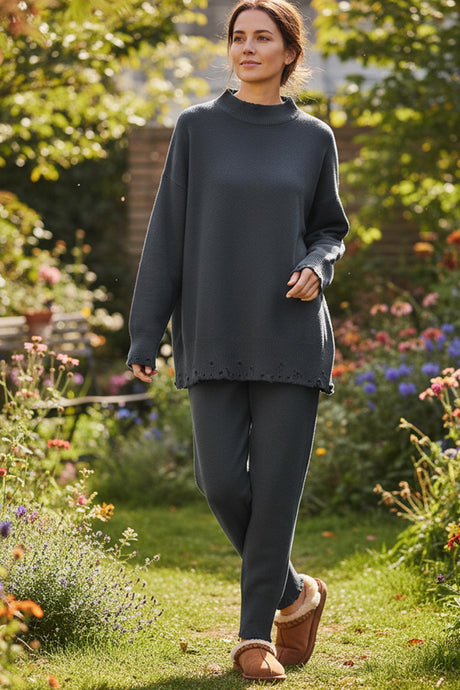 Raw Edge Crew Neck Sweater Set