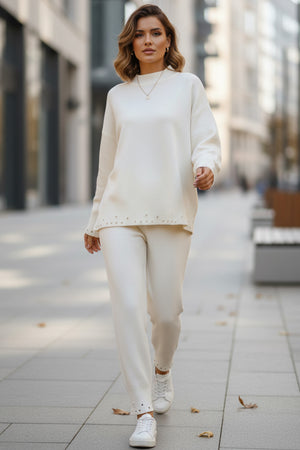 Raw Edge Crew Neck Sweater Set