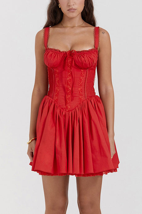 White Lace Stitching Strappy Ruched Cami Dress