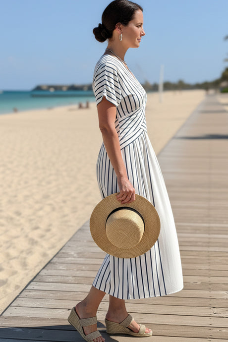 V Neck Striped Print Patchwork Dress