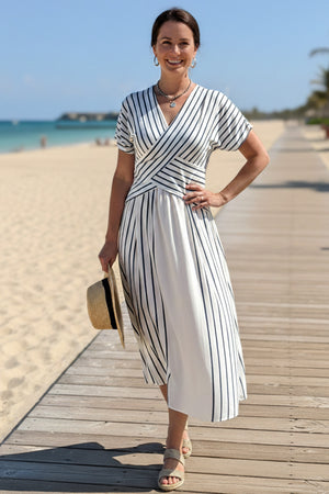 V Neck Striped Print Patchwork Dress
