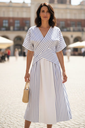 V Neck Striped Print Patchwork Dress