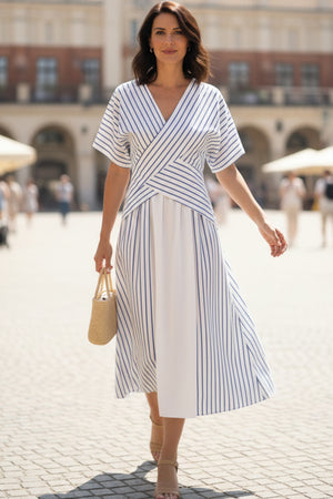 V Neck Striped Print Patchwork Dress