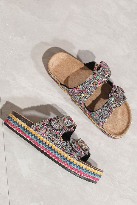 Arolora Rhinestone Double-buckle Thick Sandals