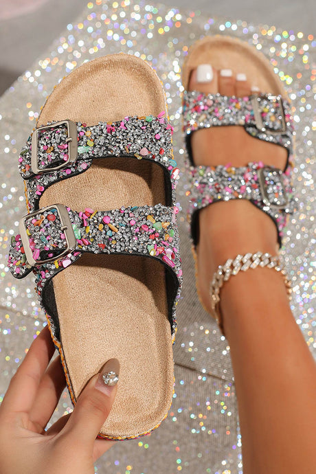 Arolora Rhinestone Double-buckle Thick Sandals