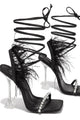 Rhinestone Feather Tie-up Square Toe Sandals