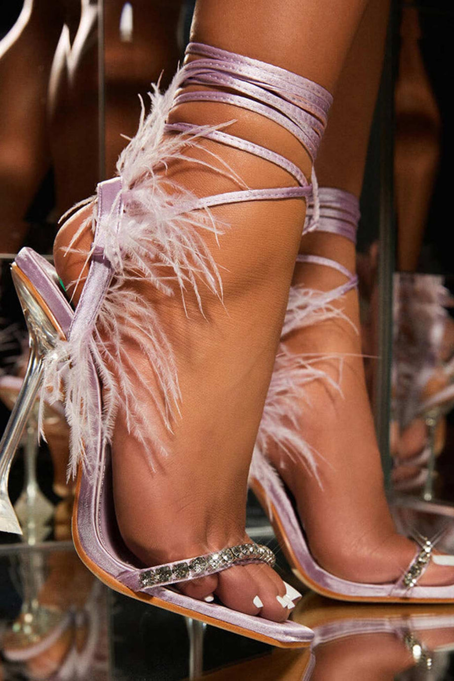 Rhinestone Feather Tie-up Square Toe Sandals