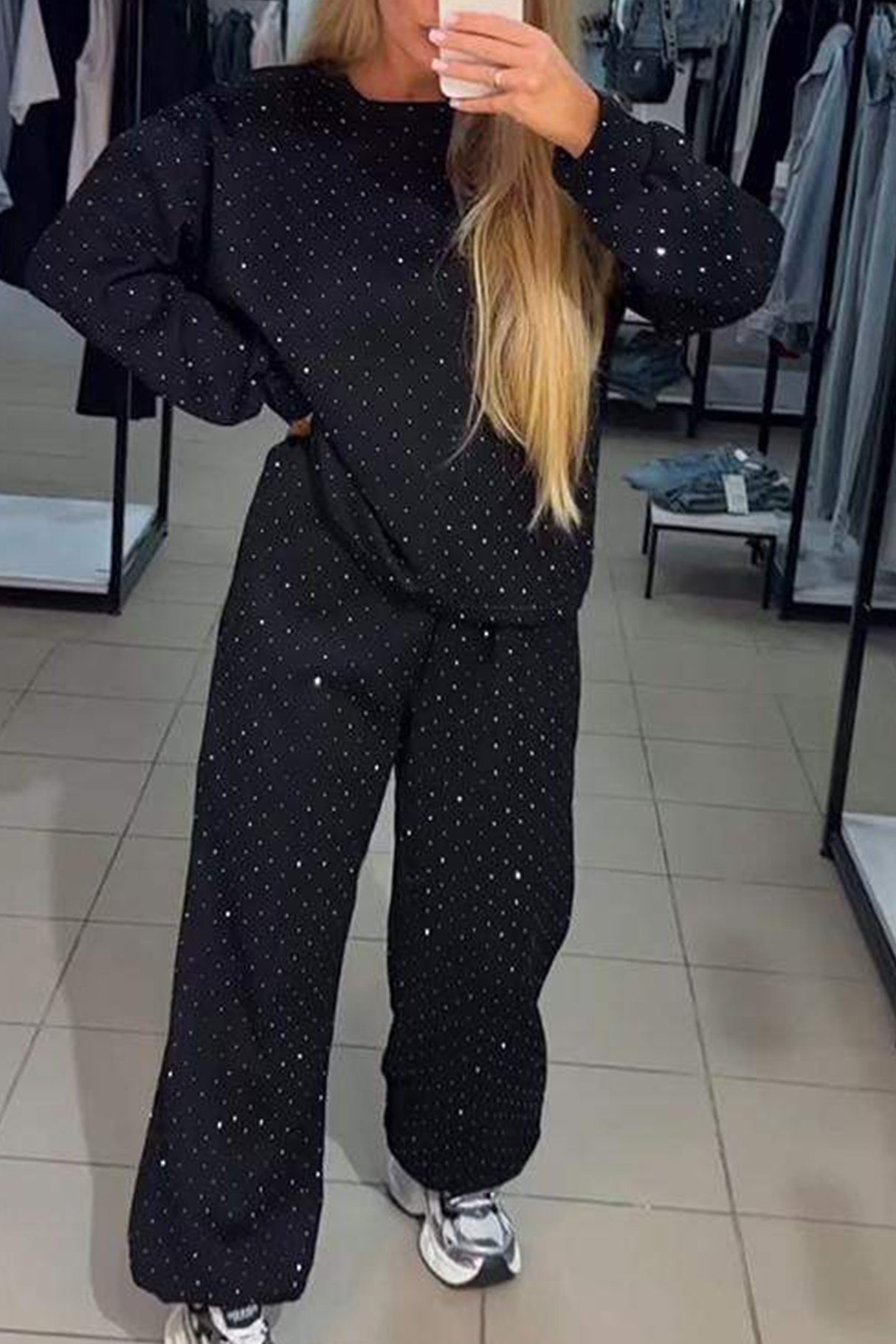 Rhinestone Sweatshirt Two-piece Outfit