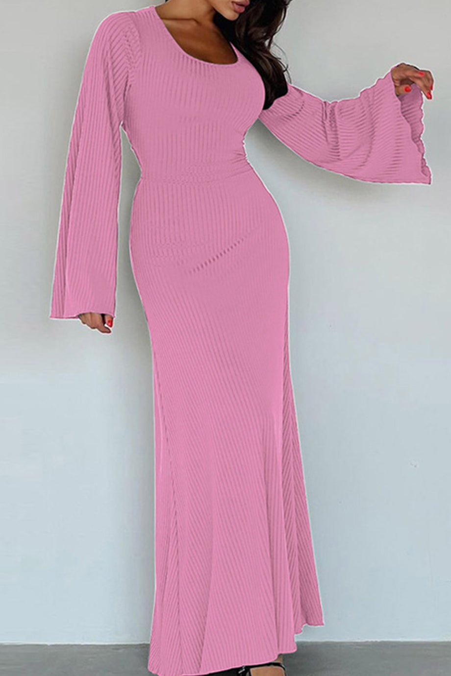 Long Flares Sleeve Backless Ribbed Knit Dress