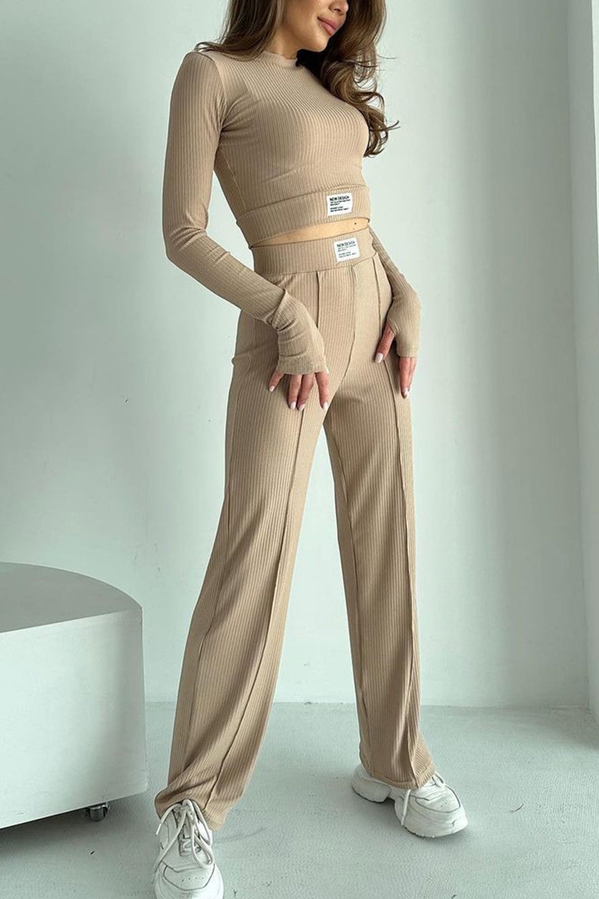 Ribbed Knit Crop Top Long Pants Suits