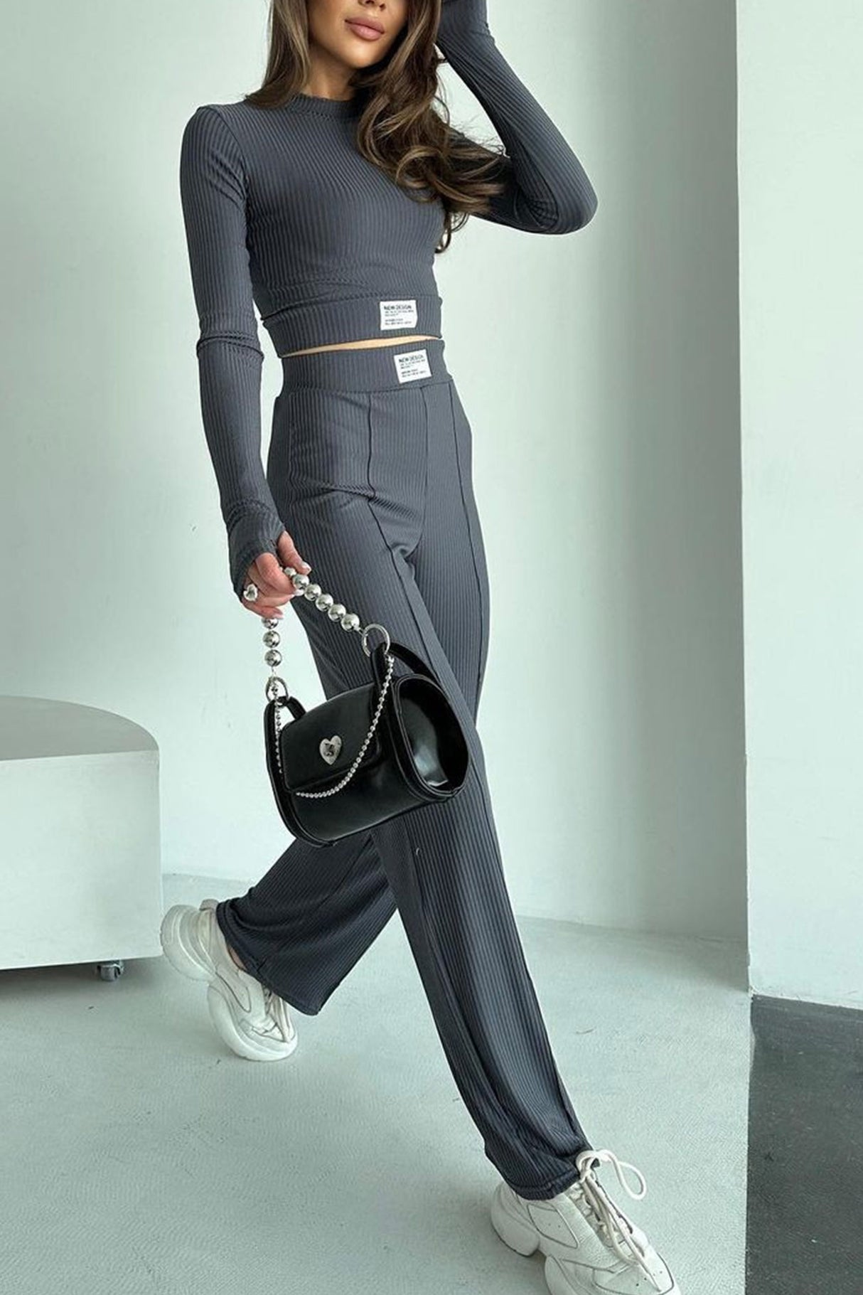 Ribbed Knit Crop Top Long Pants Suits
