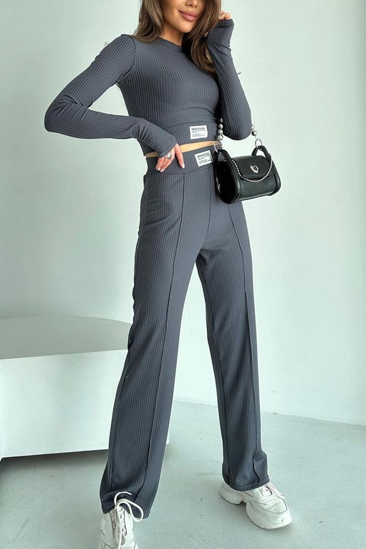 Ribbed Knit Crop Top Long Pants Suits