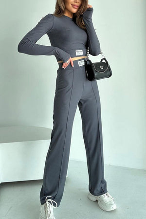 Ribbed Knit Crop Top Long Pants Suits