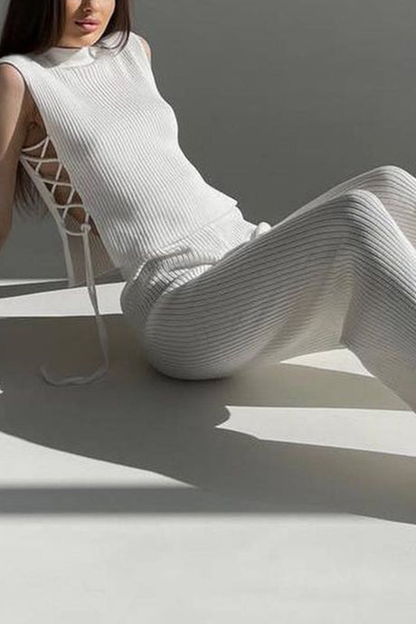 Ribbed Knit Lace-up Tank Top Pants Suits