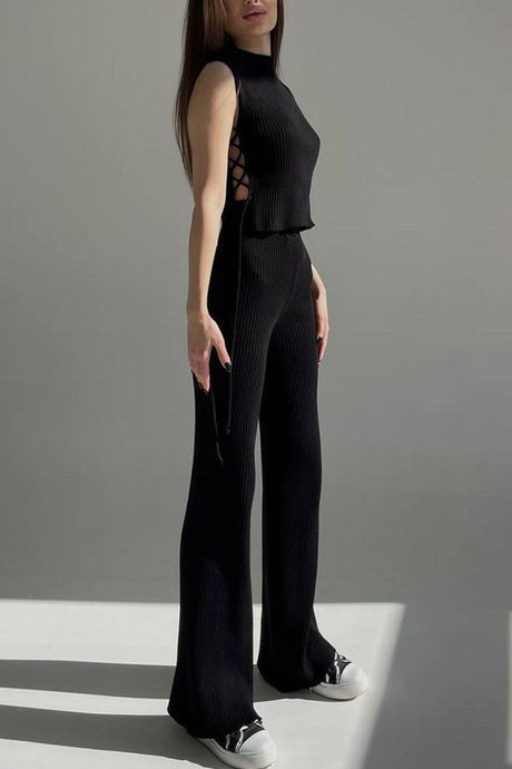Ribbed Knit Lace-up Tank Top Pants Suits