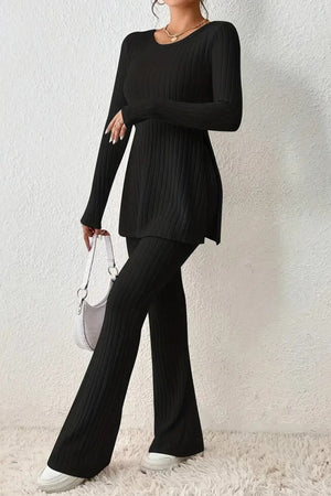 Ribbed Knit Slit Hem Tops Flares Long Pants Set