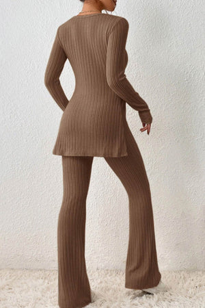 Ribbed Knit Slit Hem Tops Flares Long Pants Set