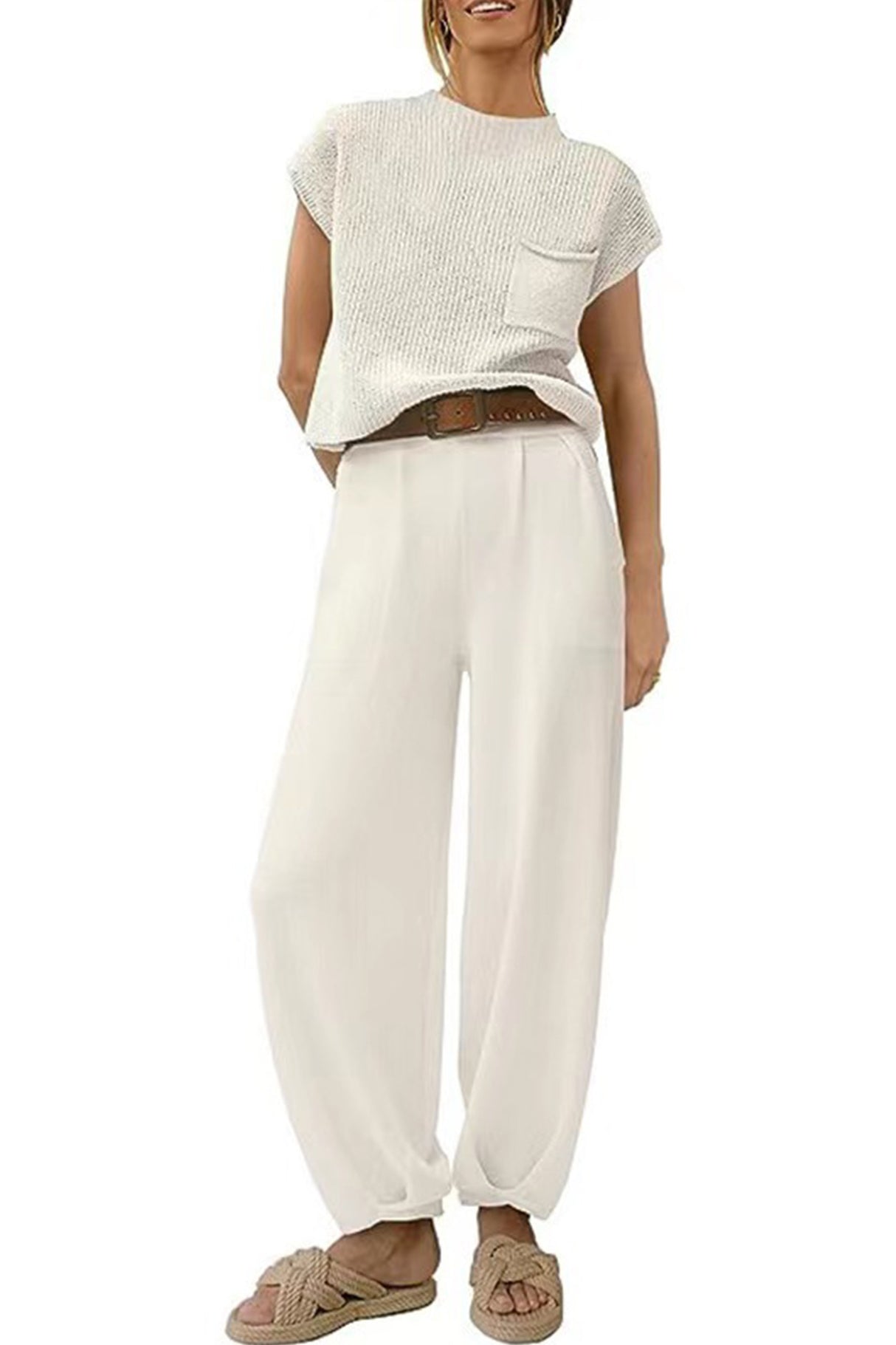 Ribbed Mock Neck T-shirt Pants Suits