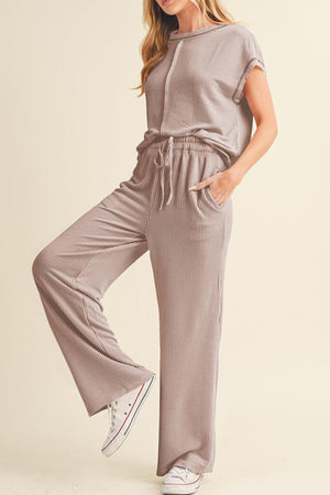 Arolora Ribbed T-shirt Wide Leg Long Pants Set