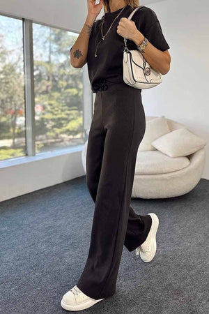 Ribbed Short Sleeve Drawstring Long Pants Set