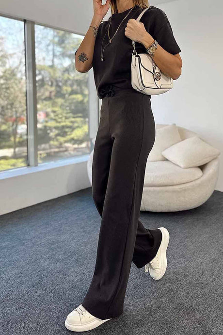 Ribbed Short Sleeve Drawstring Long Pants Set