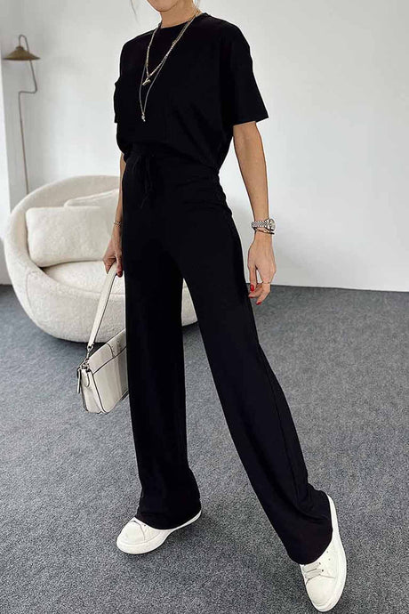 Ribbed Short Sleeve Drawstring Long Pants Set