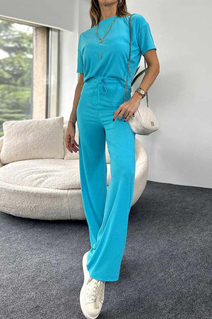 Ribbed Short Sleeve Drawstring Long Pants Set