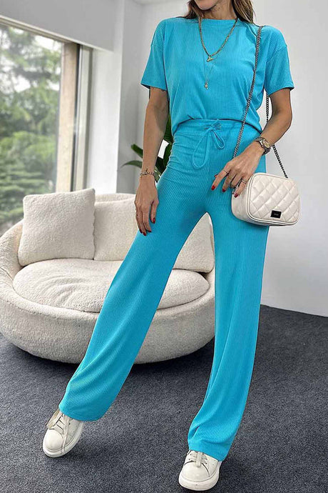 Ribbed Short Sleeve Drawstring Long Pants Set