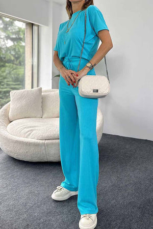 Ribbed Short Sleeve Drawstring Long Pants Set