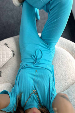 Ribbed Short Sleeve Drawstring Long Pants Set