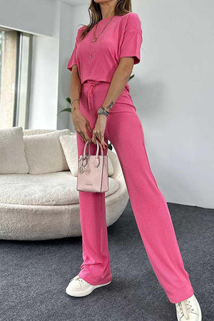 Ribbed Short Sleeve Drawstring Long Pants Set