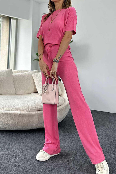 Ribbed Short Sleeve Drawstring Long Pants Set