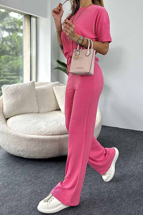 Ribbed Short Sleeve Drawstring Long Pants Set