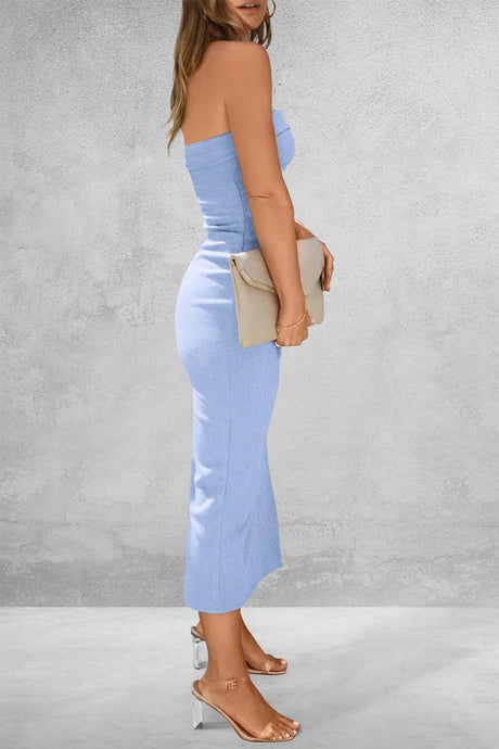 Ribbed Strapless Slit Midi Dress