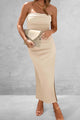 Ribbed Strapless Slit Midi Dress