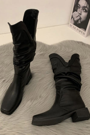Ruched Square-toe Knee High Boots