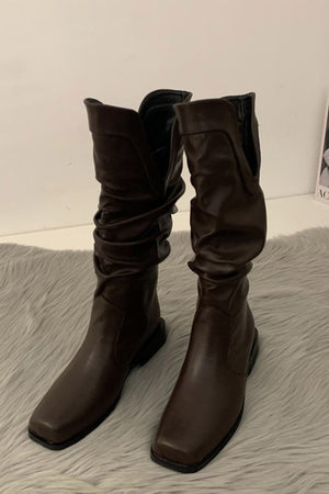 Ruched Square-toe Knee High Boots