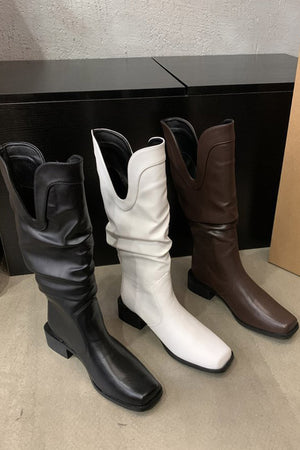Ruched Square-toe Knee High Boots