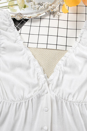 Ruched V Neck Button-down Linen Dress