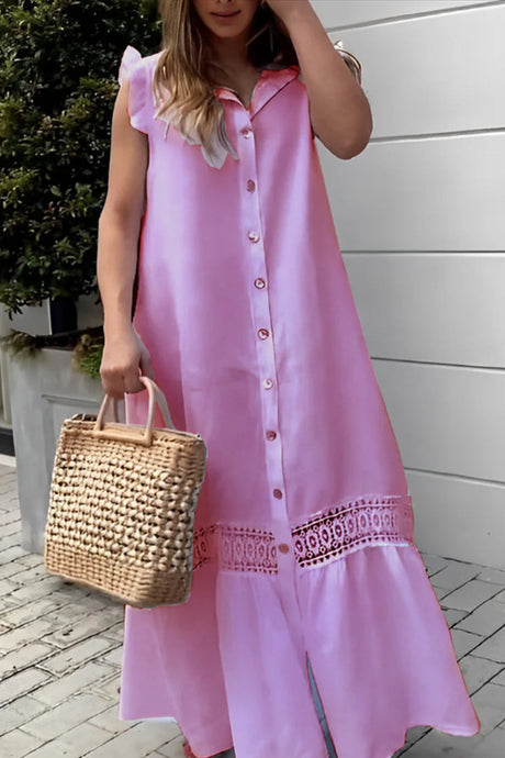 Ruffle Single-breasted Crochet Patchwork Cotton Dress